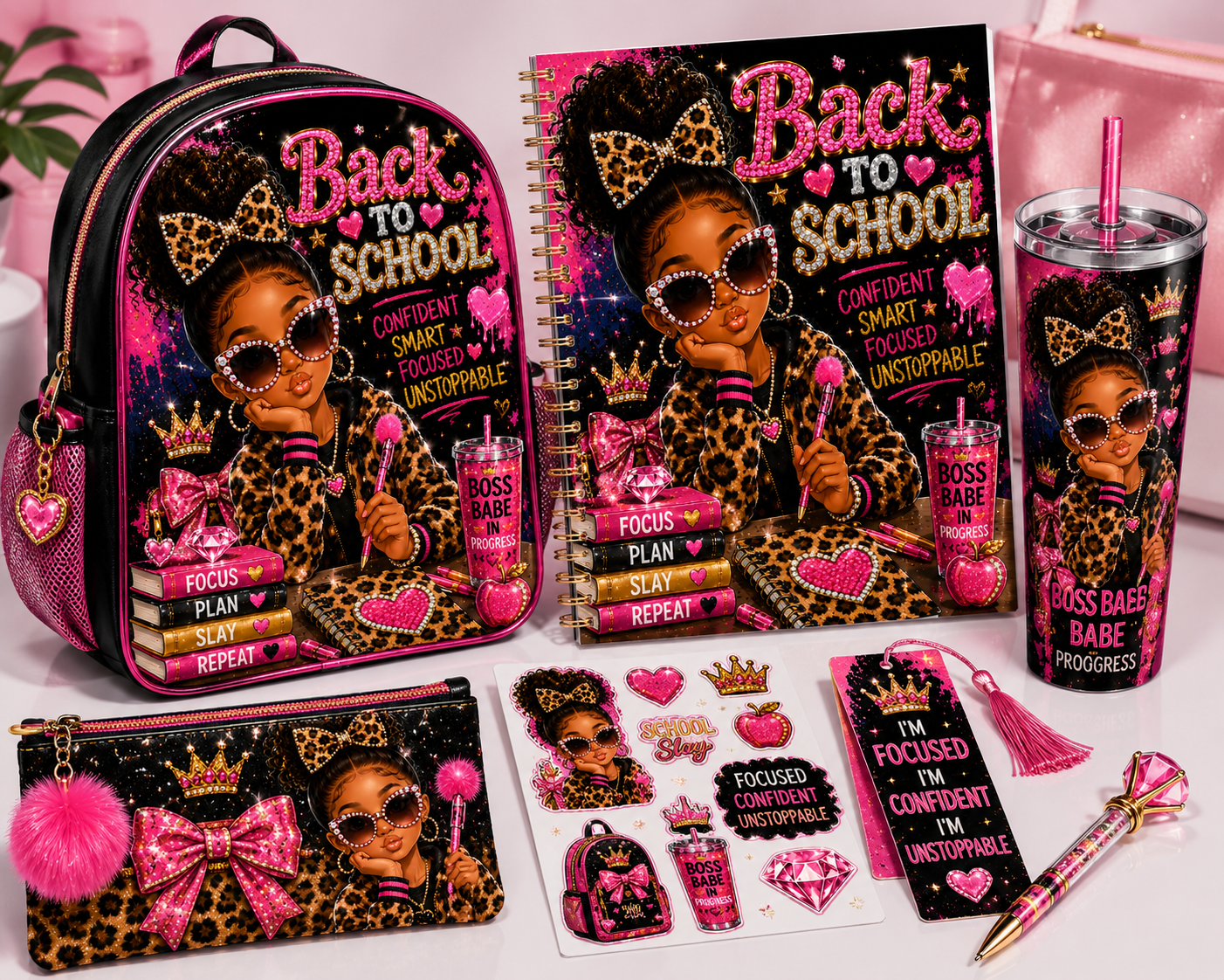 Crowned & Creative Kids back-to-school bundle mockup featuring backpack, notebook, tumbler, pencil pouch, stickers, bookmark, and pen