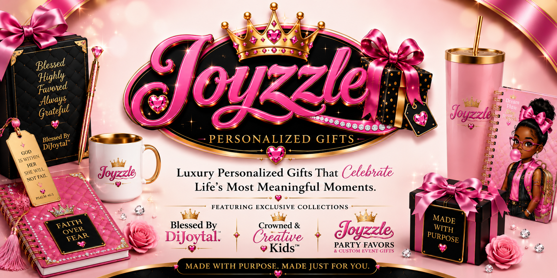 Joyzzle Personalized Gifts luxury boutique storefront banner featuring personalized gifts, tumblers, mugs, journals, gift boxes, and satin bows