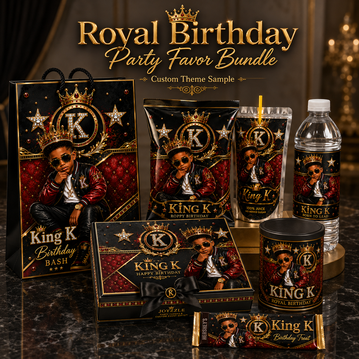 Royal Birthday Party Favor Bundle custom theme sample featuring coordinated favor bags, boxes, chip bags, juice pouch labels, water bottle labels, and candy bar wrappers