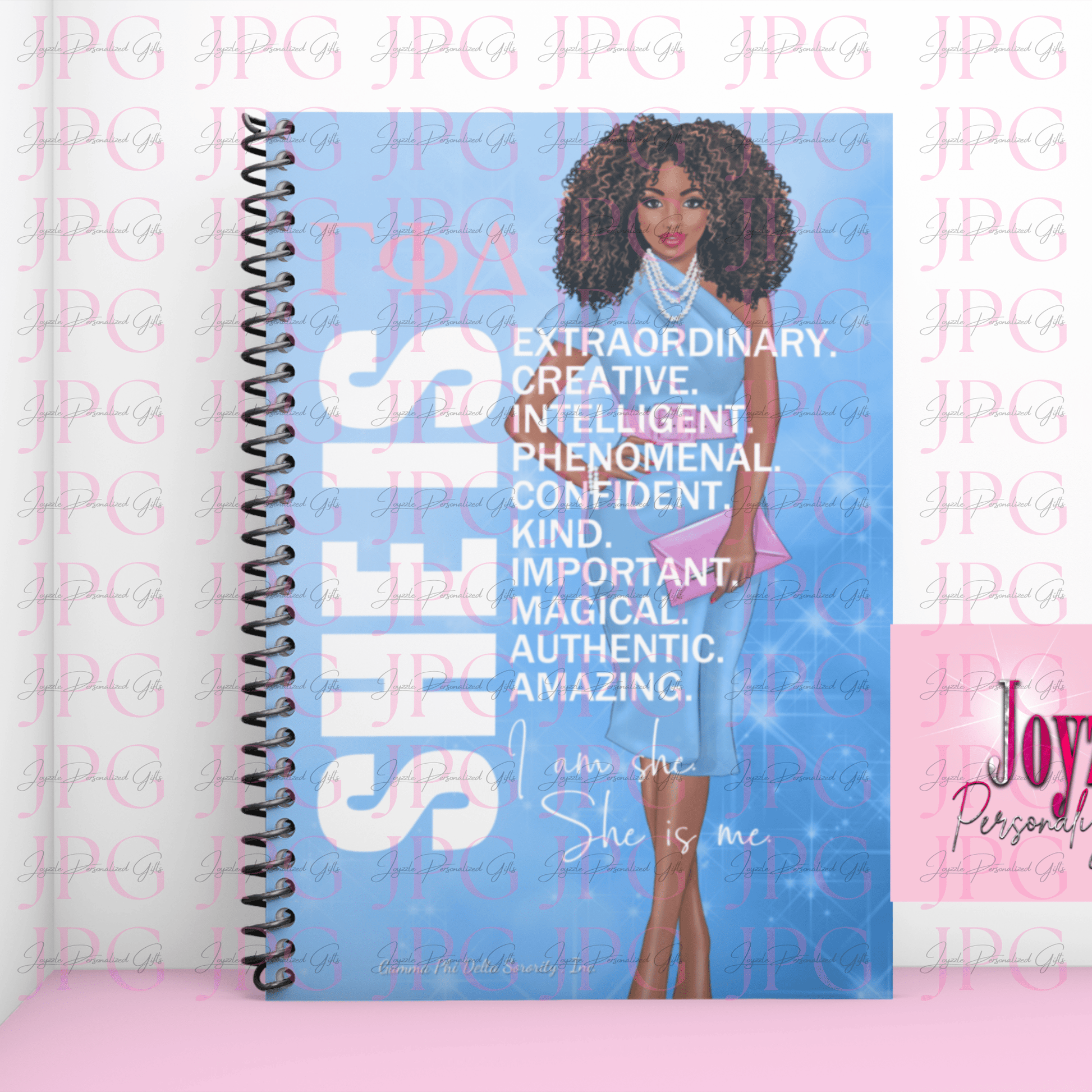 She Is Me (Sexy Blue Dress) Gamma Phi Delta Sorority, Inc. Spiral Notebook - Joyzzle Personalized Gifts